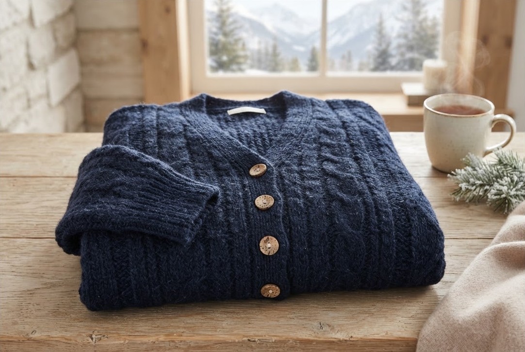 Hand-Knitted Winter Cardigan — Wooden Buttons