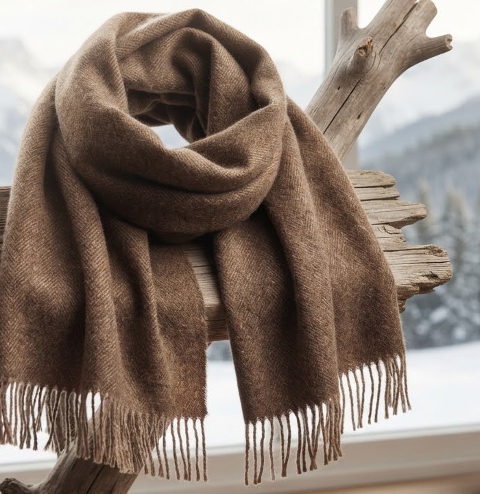 Walnut Brown Wool Chadar — Herringbone Weave